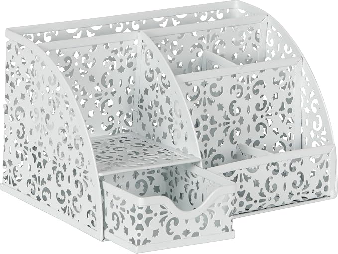 EasyPAG Desk Organizer and Pen Holder for Desk, Mesh Office Supplies Storage Caddy with Drawer for Small Space, Desktop Organizer for Home Office, White