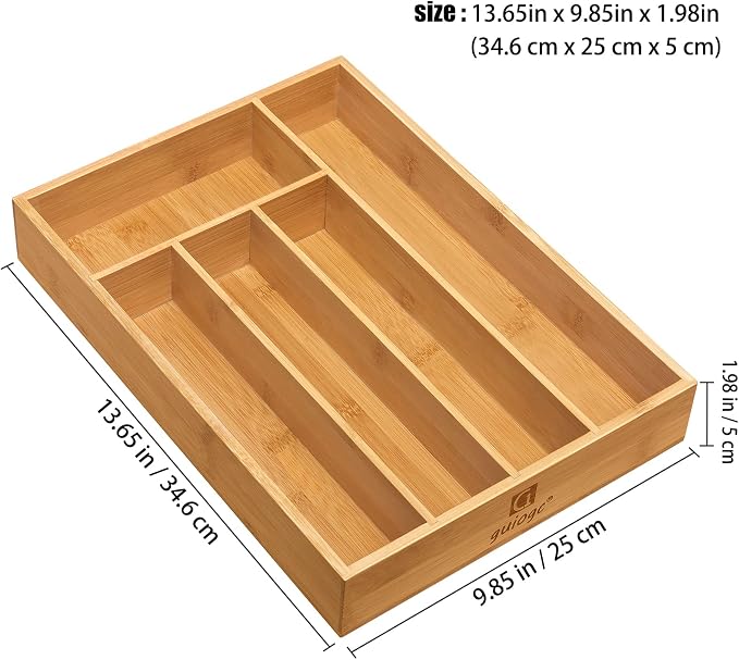 guiogc Kitchen Bamboo Silverware Drawer Organizer，Silverware Organizer and Cutlery Tray with Grooved Drawer Dividers for Silverware, Knives in Kitchen, Bedroom (5 Slot-Natural)