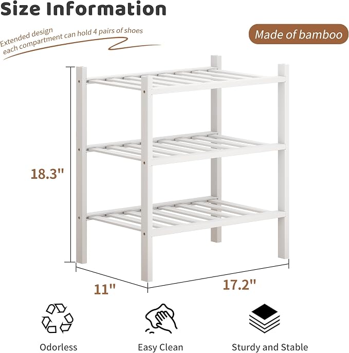 Bamboo Shoe Rack Stackable Shoe Shelf Storage Organizer for Unit Entryway Hallway and Closet Sturdy Freestanding Small Shoe Shelf(3S Tier White)
