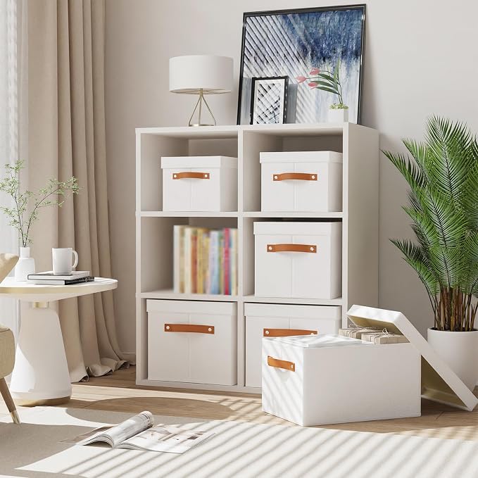 Fabric Storage Baskets,White Boxes,16.5x11.8x10.2In,5 Pack | Foldable Storage Bins with Lids,Shelves Organizers for Wardrobe,Bedroom,Decorative Closet Cubes for Shoes Towel Book