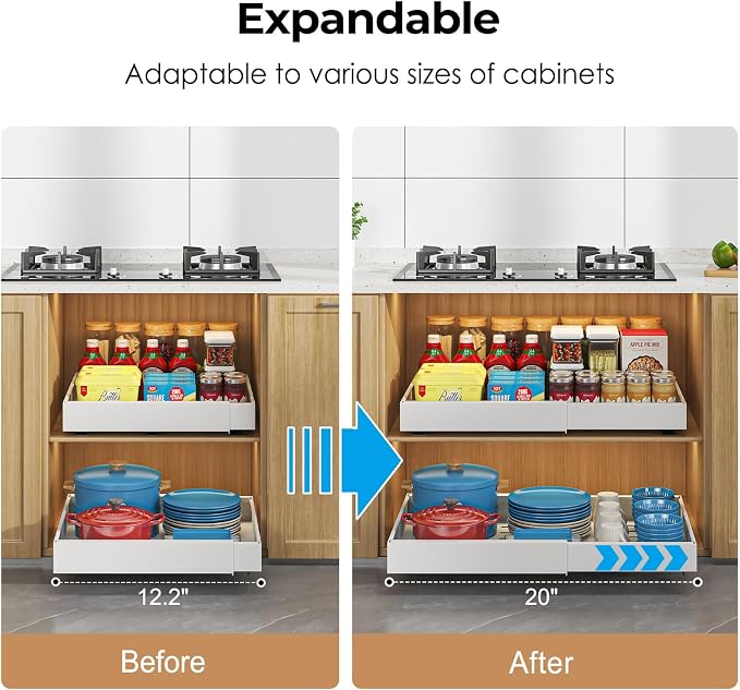 Pull Out Cabinet Organizer, 1PC 21" Deep Expandable (12.2"-20") Heavy Duty Pull Out Drawers for Cabinets Fixed with Adhesive Film, Peel Stick Slide Out Drawers for Kitchen Pantry, No Screw, White