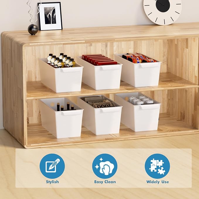 Plastic Storage Bins 6 Pack, Front Handle Design, 11"x5" Pantry Organization and Storage Open Top Baskets for Shelves Closet Cabinet Sink Counter Cupboard Drawer Rridge (White)