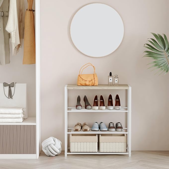 Yusong Shoe Rack Organizer, 4 Tier Industrial Shoe Storage Shelf for Closet Entryway, Narrow Sturdy Metal Shoe Shelves, White