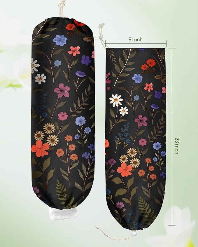 Plastic Bag Holder Organizer - 1 Pack Reusable Canvas Grocery Bags Holder Hanging Wall Cute Aesthetic Shopping Bag Storage Dispenser with Drawstring Closure for Kitchen Home, Black Floral