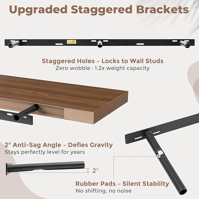 FLYJOE 48 Inch Floating Shelves for Wall Set of 2, 6.5" D Wood Grain Bathroom Shelves with Invisible Brackets, Easy Install Engineered Wood Storage Shelves for Kitchen, Living Room, Bedroom