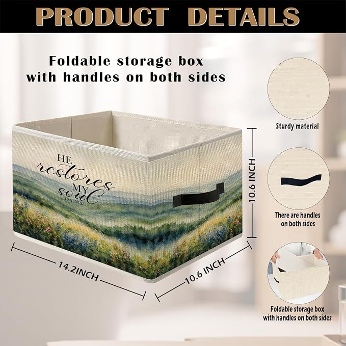 Mountain Wildflower Scenery Christian Storage Bin Box with Handles, He Restores My Soul Bible Verse Foldable Organizer Basket Toybox for Home Bedroom Bathroom Clothes Toys Books