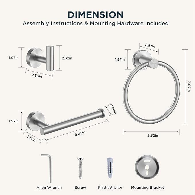 FORIOUS 4 Piece Bathroom Accessories, SUS304 Stainless Steel Toilet Paper Holder, Towel Ring and 2 Towel Hooks, Wall Mounted Bathroom Hardware Set (Brushed Nickel)