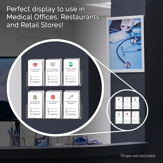 Marketing Holders Wall Business Card Holder with Hanging Hardware for 2" x 3.5" Vertical Gift Cards Clear Acrylic 6 Slot Display Holds 50 Contact or 30 Membership Cards