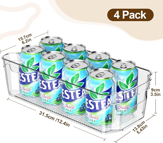Clear Fridge Organizer, Refrigerator Organizer Bins with Handle, Freezer, Kitchen Cabinet, Pantry Organization, BPA Free Fridge Organizers (12.4 inch 4 Pack)