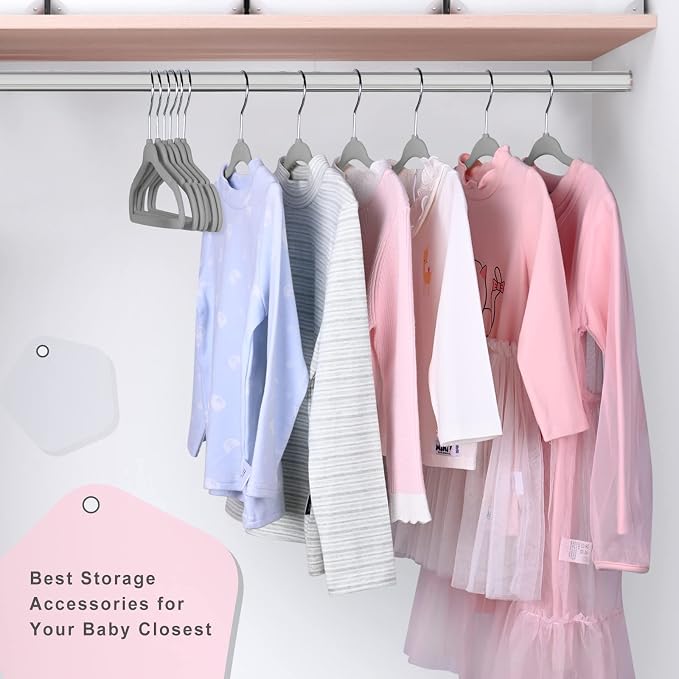 BAGAIL 50 Pack Kids Velvet Hangers 14 Inches Children's Clothes Hangers Non-Slip Baby Hangers for Infant/Toddler (Grey)