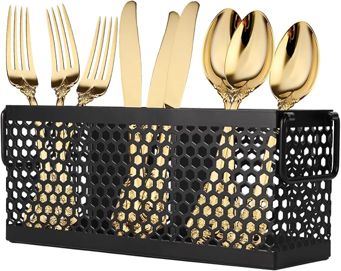 Cutlery Holder with Handle,Silverware Caddy for Party, Kitchen Counter, Mesh Metal Countertop Utensil Holder for Spoons, Forks and Knives, Black
