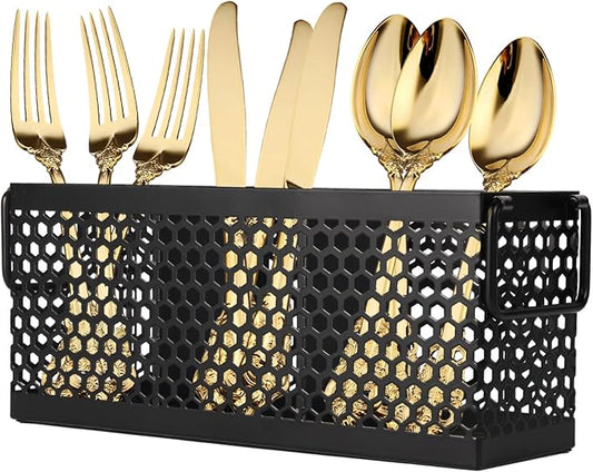 Cutlery Holder with Handle,Silverware Caddy for Party, Kitchen Counter, Mesh Metal Countertop Utensil Holder for Spoons, Forks and Knives, Black