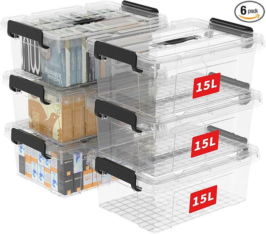 Cetomo Lidded Storage Bin with Handle, Tote Organizing Container with Durable Lid and Secure Latching Buckles, Stackable and Nestable, Plastic, 16 Quart-6 Pack, Clear