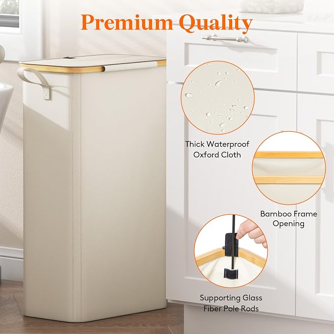 Lifewit 75L Slim Laundry Hamper with Lid, Narrow Laundry Basket with Removable Bag & Bamboo Handles, Fodable Thin Dirty Clothes Hamper for Laundry Collapsible Bin for Bathroom Bedroom Dorm, White