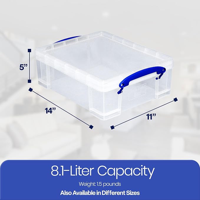 Really Useful Box Stackable 8.1L Plastic Storage Container Bin with Snap Lid & Built-in Clip Lock Handles for Home & Office Organization (10 Pack)