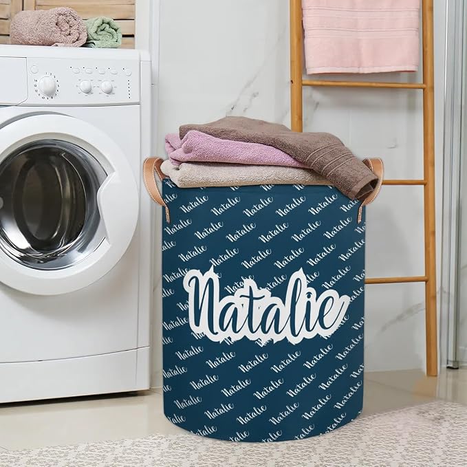 Personalized Laundry Basket, Custom Gift Laundry Hamper, Collapsible Nursery Waterproof Laundry Baskets, Dirty Clothes Toy Hamper with Handles Name Dark Blue