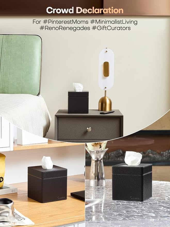 Square Tissue Box Cover Holder with Patented Texture for Kleenex/Puffs Cubes | Desktop & Shelf Decor | Stardust Black/Polar Ice/Liquid Iridium | Patented Metal-Look PU Leather-Stardust Black