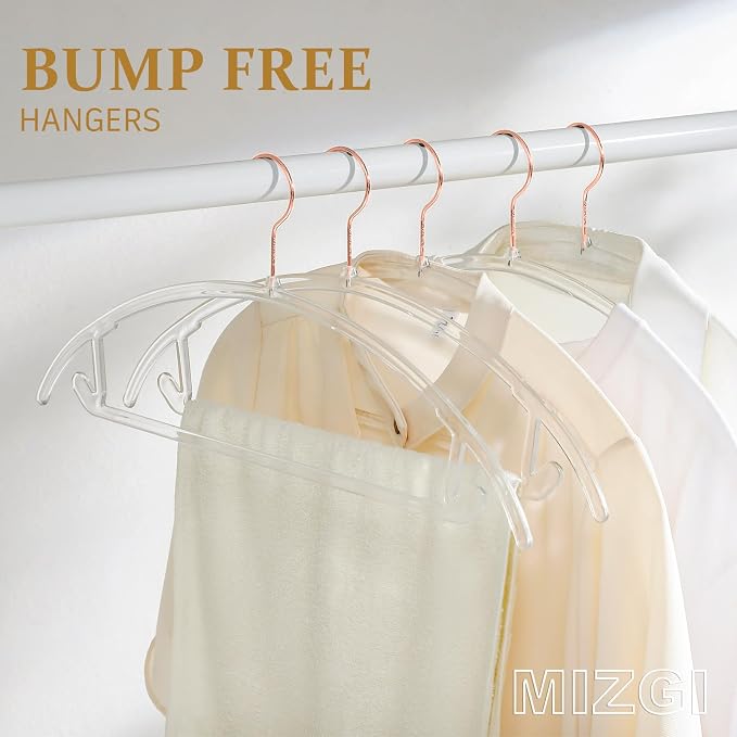 MIZGI Premium Clear Hangers (Pack of 50) Heavyduty-Acrylic No Shoulder Bump Suit Hangers - Space Saving Clothes Hangers,Rounded Hanger for Coat,Sweater,Jackets,Pants