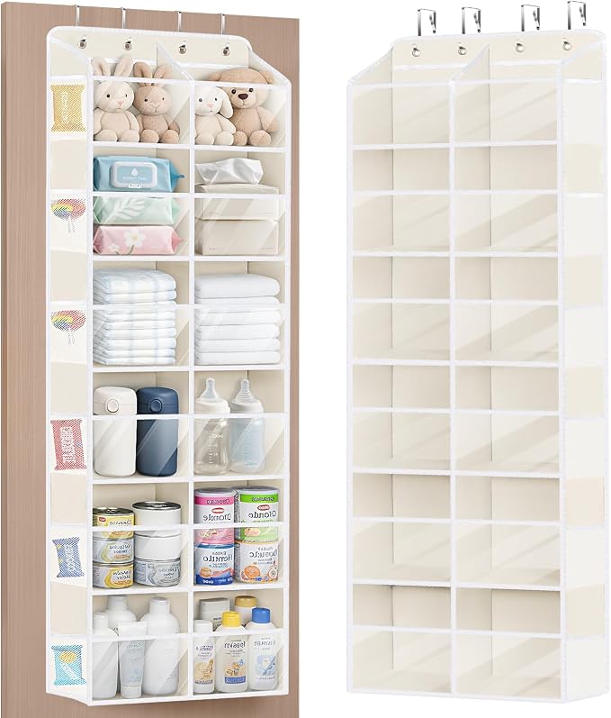 Univivi Over the Door Organizer, 6 Tiers Behind Door Storage with Clear Deep Pockets Hanging Organizer for Closet, Bedroom, Nursery, Bathroom and Sundries (Beige)