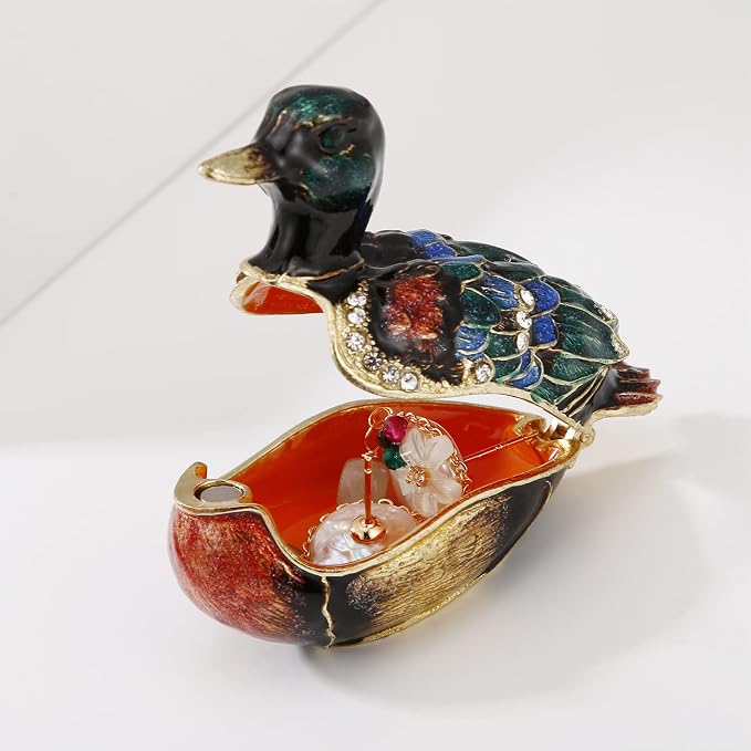 Hand Painted Enamel Duck Trinket Box for Home Decor, Hinged Jewelry Organizer for Ring Earrings, Unique Figurine Keepsake Collectible Personalized Elegant Handmade Ornament Gifts (Green Duck)
