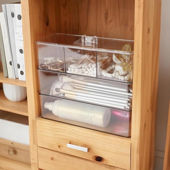 Acrylic Makeup Organizer Cosmetic Storage Display Case Makeup Brush Cotton Ball Pads Swab Q-tip Holder Lipstick Dispenser Canister Bathroom Container (9.2x3.7x3.5in, 1 Tier, Clear)