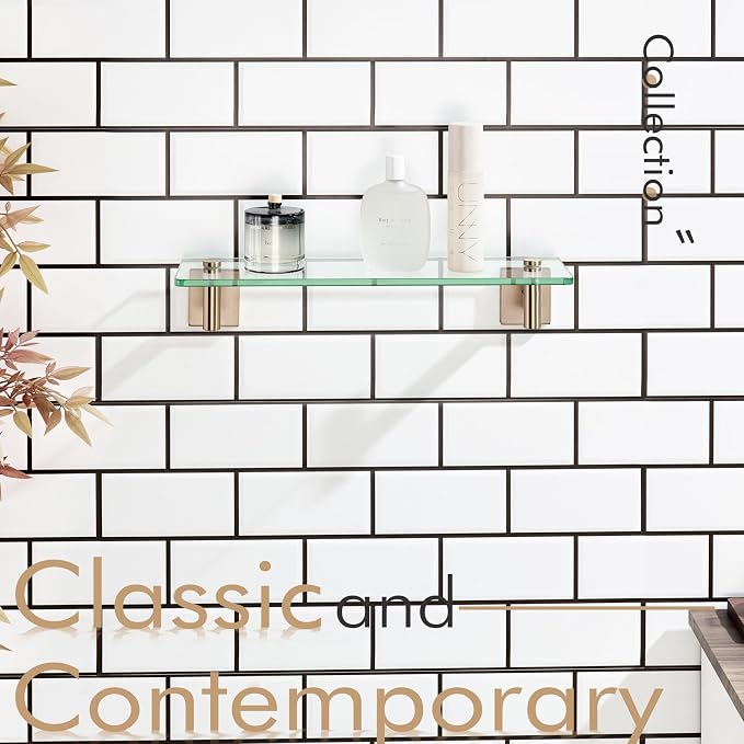 KOKOSIRI Wall Shelves Bathroom Hardware Glass Floating Shelf Small Hanging Rack Storage/Room Decor 16-Inch Champagne Bronze 2 Pack B1105CPG-L16-P2
