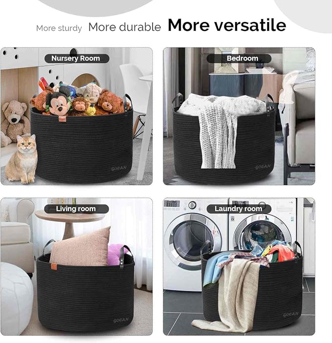 GOCAN Extra Large Storage Laundry Basket 22" X 22"X 14" Cotton Rope Woven for Blanket Basket with Handles for Living Room Toys Storage XXXL (Pure Blk)