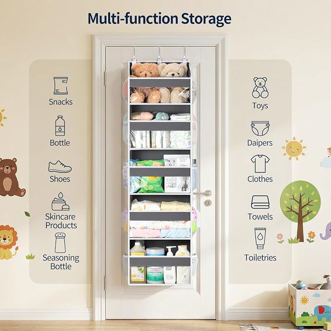 Yecaye 5 Tier Clear Over the Door Organizer Hanging, 5 Large Plastic Pockets and 10 Side Pockets Back of Door Organizer, 56lbs Weight Capacity Behind the Door Storage for Nursery, Deep Gray
