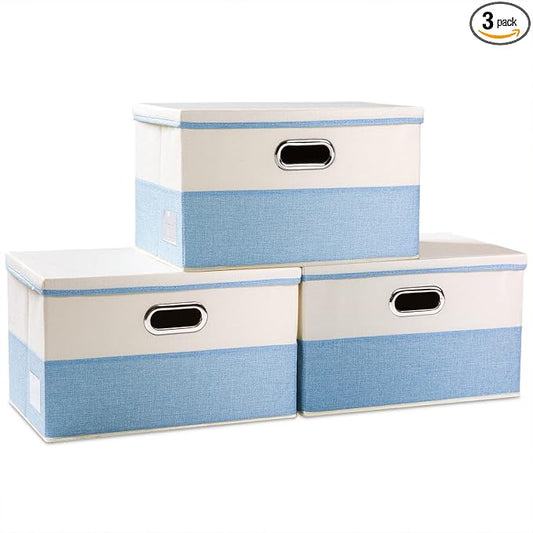 PRANDOM Large Foldable Storage Boxes with Lids [3-Pack] Fabric Collapsible Storage Bins Organizer Containers Baskets Cube with Cover for Home Bedroom Closet Office Nursery Blue&Cream(17.7x11.8x11.8)