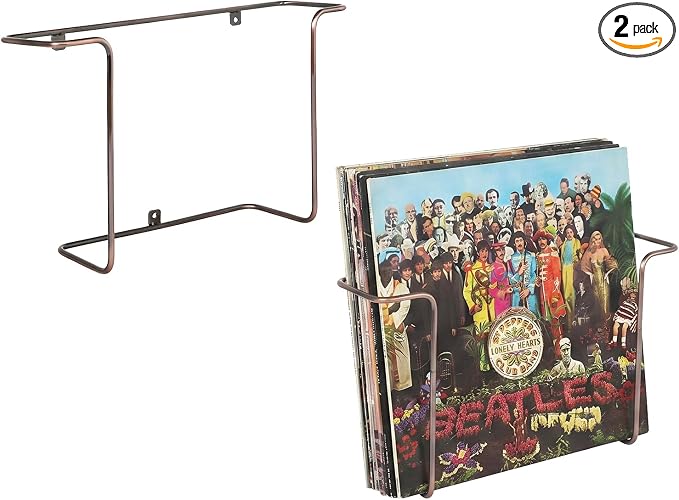MyGift Modern Metal Wire Wall Mounted Vinyl Records Storage Racks, Hanging LP Record Holders, Floating Album Cover Display Shelves, Set of 2 (Vintage Copper-2 Pcs)