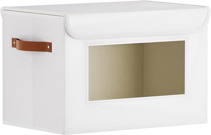 Storage Box for Shelves,White Basket,13x9.1x7.9 In,1Pack | Storage Baskets with Lids,Shelf Boxes with Handles and Window,Fabric Closet Containers,Decorative Drawer Bins for room