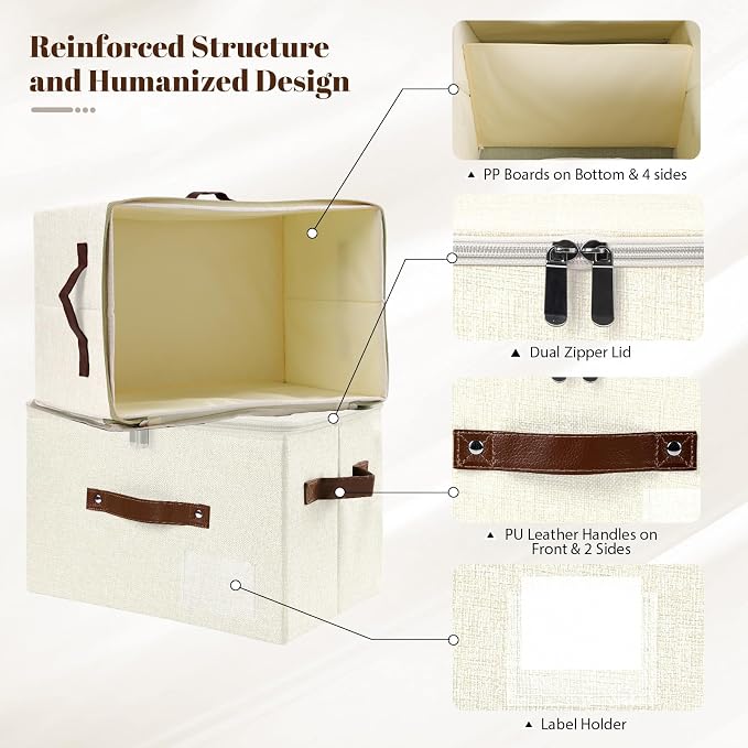 ANMINY 3PCS Storage Bins with Zipper Lid Storage Boxes with Label Holder PU Leather Handles Washable Foldable Decorative Lidded Cotton Linen Fabric Cubes Baskets Closet Organizer - Beige, Medium