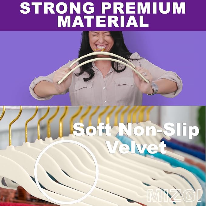 MIZGI Premium Velvet Hangers Pack 50 Pcs Heavyduty - Non Slip Slimline - Velvet Suit Hangers Ivory - Gold Hooks,Space Saving Clothes Hangers …