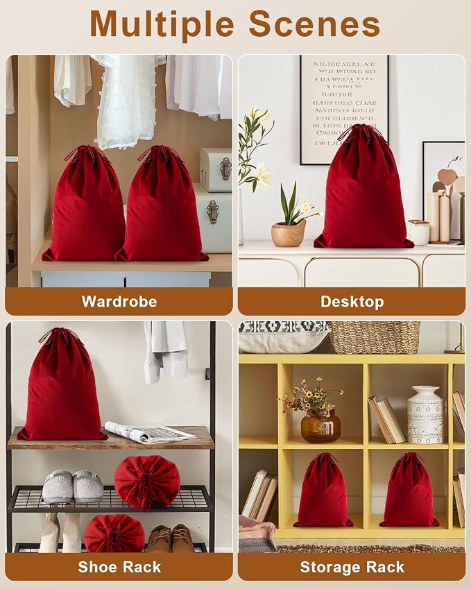 4 Pcs Shoe Bags for Travel, Dust Velvet Bags, Rio Red, 17.3x12.6 Inch | Washable & Reusable Travel Shoe Bags, Dustproof Shoe Bags with Drawstring Closure, Suitable for Travel, Home Storage