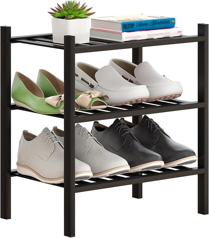 Bamboo Shoe Rack Stackable Shoe Shelf Storage Organizer for Unit Entryway Hallway and Closet Sturdy Freestanding Small Shoe Shelf(3S Tier Black)