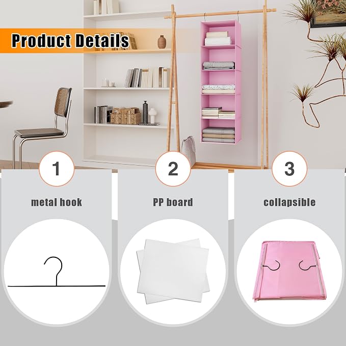 Hanging Closet Organizer 5-Shelf, Oxford Fabric Wardrobe Storage, Pink | Easy-mount foldable design holds clothes, handbags, shoes & accessories; washable Oxford fabric, sturdy and space-saving.