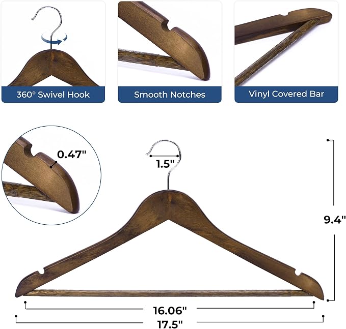 JS Hanger Wooden Coat Hangers, 20 Pack High Grade Wood Suit Hangers with Non Slip Pant Bar - Extra Smooth and Splinter Free Retro Finish Wooden Suit Hangers for Closet Organization