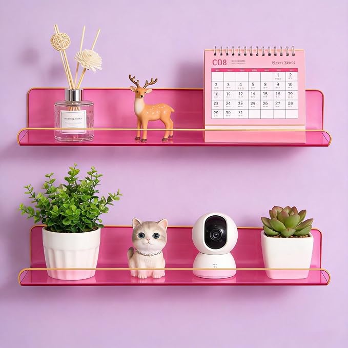 ROYALITA 2-Pack Acrylic Shelves Wall Mounted, 17 Inch Display Shelves | for Small Items Plants Organize Wall Shelves for Gaming Room, Bedroom, Living Room, Office, Pink