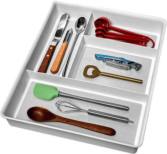 madesmart 4 Compartment Drawer Organizer, Multi Purpose Storage for Utensils, Office Tools, Cords, & Small Household Items, Tech Accessories, Arts & Crafts Supplies, Non Slip Lining, White (Pack of 6)