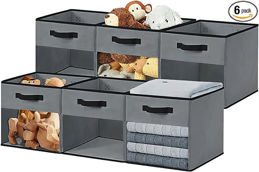 DECOMOMO Storage Bins, Cube Storage Bin with Window | 13" Cube, 6 Pack, Fabric Storage Cubes for Shelves (Grey)