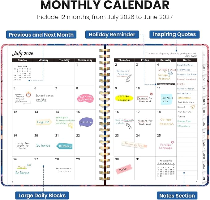 Planner 2026-2027, Hardcover Monthly and Weekly Academic Planner July 2026 - June 2027, Teacher and Student Calendar Agenda Book with Tabs, A5 (6.3" x 8.5"), Ideal for School and Office, Cherry Lane