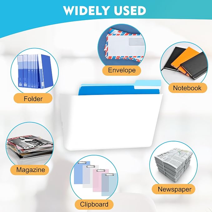 EASEPRES 3 Pack White Plastic Single Pocket Hanging File Organizer, Wall Mount Paper Mails Magazines Holder, Mounted Folder Bins for Office School and Home, 12.99x4.13x7.48 inches