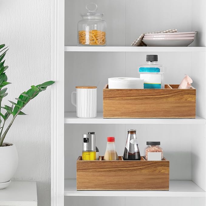 DRASTAR Pantry Organization and Storage Bins, Acacia Wood Seasoning Packet Organizer with Removable Dividers,Storage Caddy for Kitchen, Pantry, Cabinet, Countertop