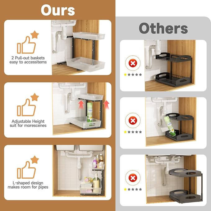 ETOYA 2 Pack Under Sink Organizer Kitchen, 2-Tier Pull Out Cabinet Organizer, L-Shaped Adjustable Height, Acrylic Under Sink Storage Shelf for Kitchen, Bathroom Vanity & Utility Closet