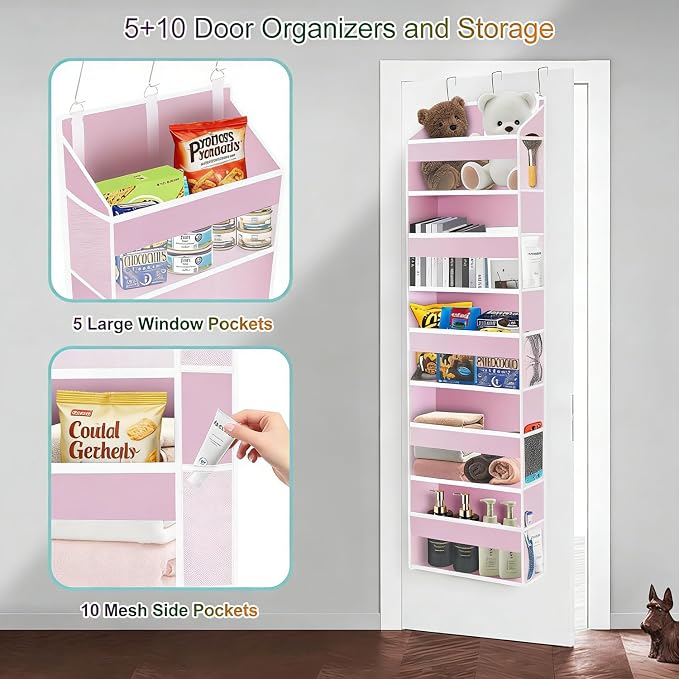 Over The Door Organizer Closet,5 Bins 10 Side Pockets,Hanging Door Organizer,Anti Tilt 44 lbs Load Organizers and Storage with Clear Window for Bedroom,Nursery,Rv,Bathroom,Camper(Pink)