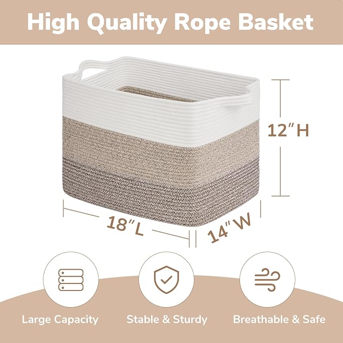Goodpick Large Storage Basket, 18"x14"x12" Cotton Rope Organizer for Blankets, Toy Baskets Storage Kids, Rectangle Woven Basket for Living Room, Bedroom, Gradient Brown