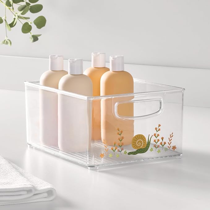 iDesign Bathroom Organizer Bin with Decorative Print - Stackable Plastic Storage Basket for Makeup & Vanity Organization - Clear
