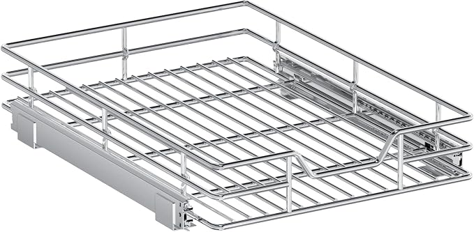 Pull Out Cabinet Organizer, 13.5" W x 18" D, Heavy Duty Chrome Slide Out Shelf for Base Cabinets, Sliding Wire Basket Drawer for Pantry Items, Bowls, Containers & Cleaning Supplies