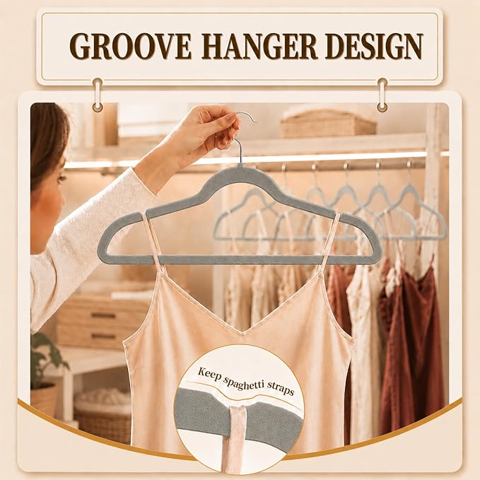 Velvet Hangers 50 Pack, Non Slip Clothes Hangers with Shoulder Notches, Slim Felt Hanger with 360° Swivel Hook, Space-Saving, Heavy Duty, for Coat, Shirt, Pants, Dress, Suits, Gray