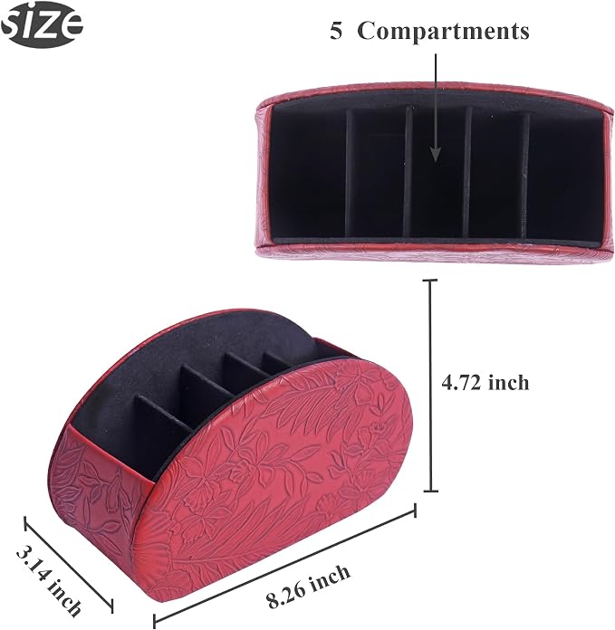 Remote Control Holder, PU Leather Remote Caddy Desktop Organizer with 5 Spacious Compartments for TV Remotes/Media Controllers/Office Supplies (1-Carved Red
